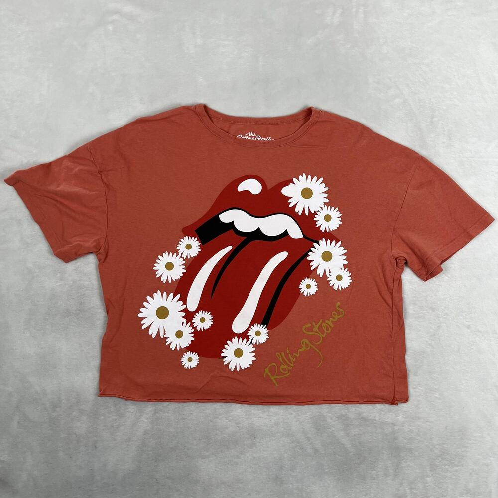 The Rolling Stones T-Shirt Womens Large Orange Daisy Floral Crop Top Graphic Tee